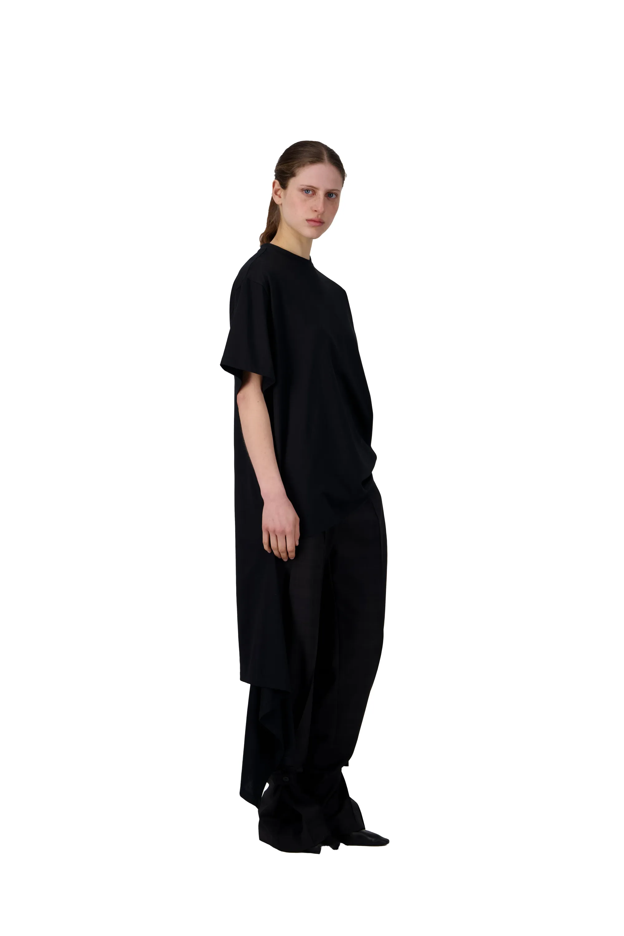 Drop 3 asymmetric black top with wide-leg trousers