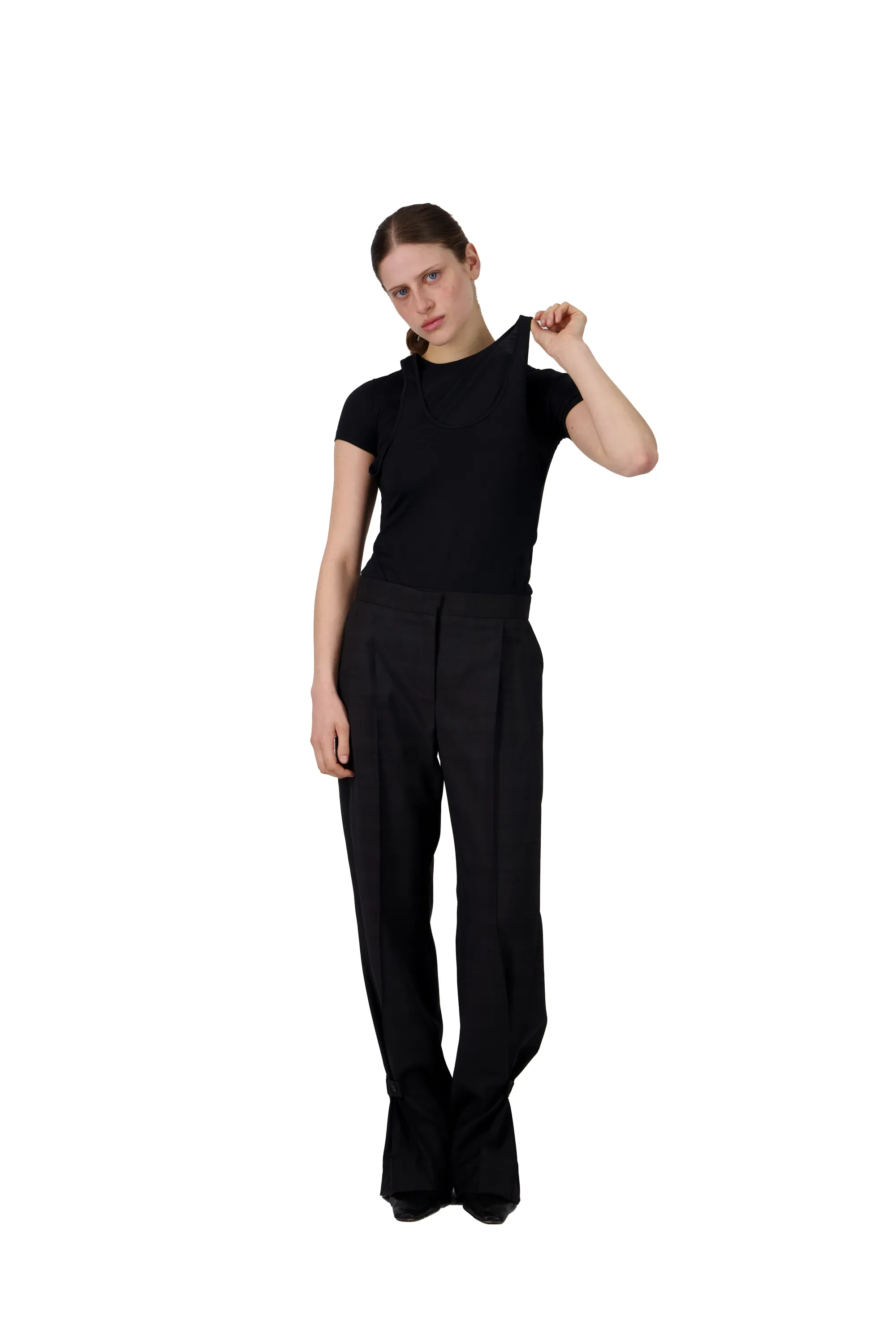 Drop 3 fitted black top with wide-leg trousers